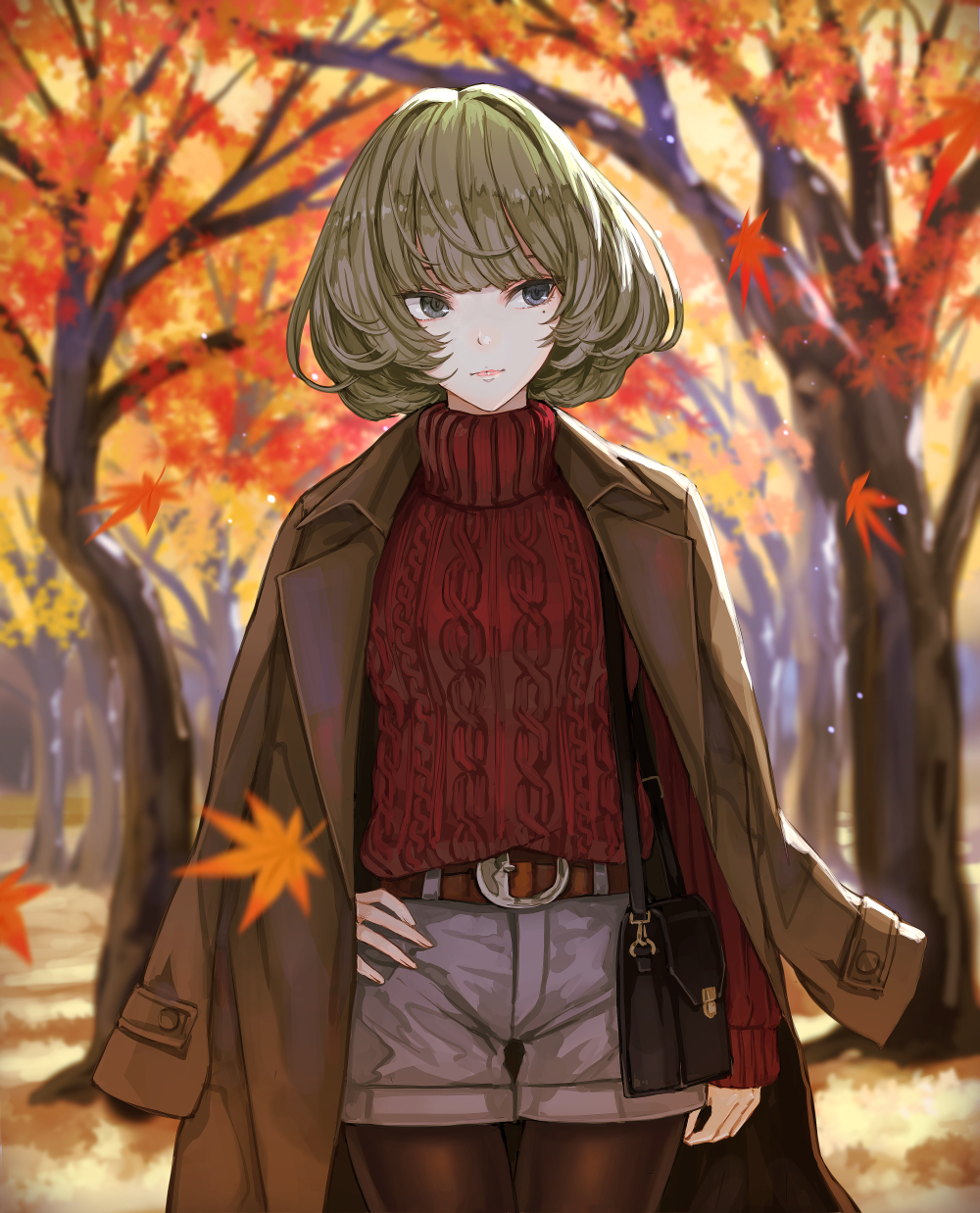 1girl aran_sweater autumn_leaves bag bangs belt belt_buckle blurry blurry_background brown_belt brown_coat brown_hair brown_legwear buckle closed_mouth coat commentary_request cowboy_shot day depth_of_field fingernails grey_eyes grey_shorts handbag head_tilt highres idolmaster idolmaster_cinderella_girls leaf long_sleeves maple_leaf mole mole_under_eye open_clothes open_coat outdoors pantyhose red_sweater short_shorts shorts shoulder_bag sleeves_past_wrists solo standing sweater takagaki_kaede thigh_gap tree turtleneck turtleneck_sweater yasukura_(shibu11)