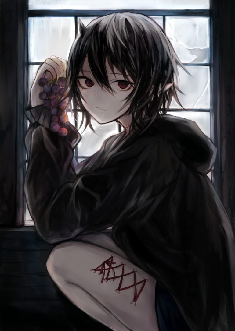 1girl arm_up bangs black_hair black_hoodie commentary_request corset_piercing food fruit grapes hair_between_eyes hasunokaeru holding holding_food holding_fruit hood hood_down hoodie horns indoors looking_at_viewer looking_to_the_side original parted_lips pointy_ears red_eyes revision solo squatting stitches window