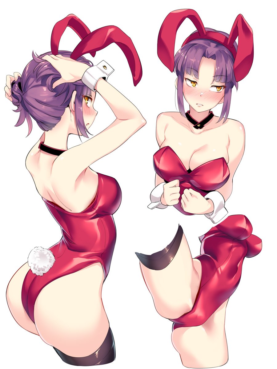 1girl animal_ears ass asutora bangs black_choker black_legwear blush breasts bunny_day bunny_girl bunny_tail bunnysuit choker cleavage closed_mouth commentary_request copyright_request embarrassed eyebrows_visible_through_hair fake_animal_ears fake_tail hair_bun hairband highres leotard looking_away medium_breasts multiple_views parted_bangs purple_hair rabbit_ears red_hairband red_leotard sidelocks simple_background spread_legs standing tail thigh-highs white_background wrist_cuffs yellow_eyes