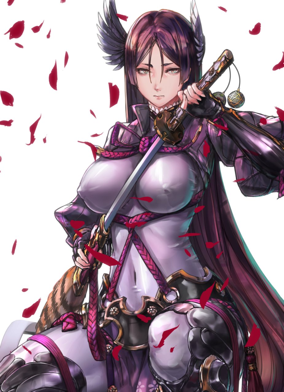 1girl animal_print armor bangs black_gloves bodysuit breasts closed_mouth commentary_request covered_navel covered_nipples curvy falling_petals fate/grand_order fate_(series) feathers fingerless_gloves gloves hair_feathers highres holding holding_sword holding_weapon japanese_armor katana large_breasts loincloth long_hair looking_at_viewer low-tied_long_hair minamoto_no_raikou_(fate/grand_order) nina_(ninageya) parted_bangs pelvic_curtain purple_bodysuit purple_hair ribbed_sleeves rope sheath squatting suneate sword tabard tiger_print unsheathing very_long_hair weapon work_in_progress yellow_eyes