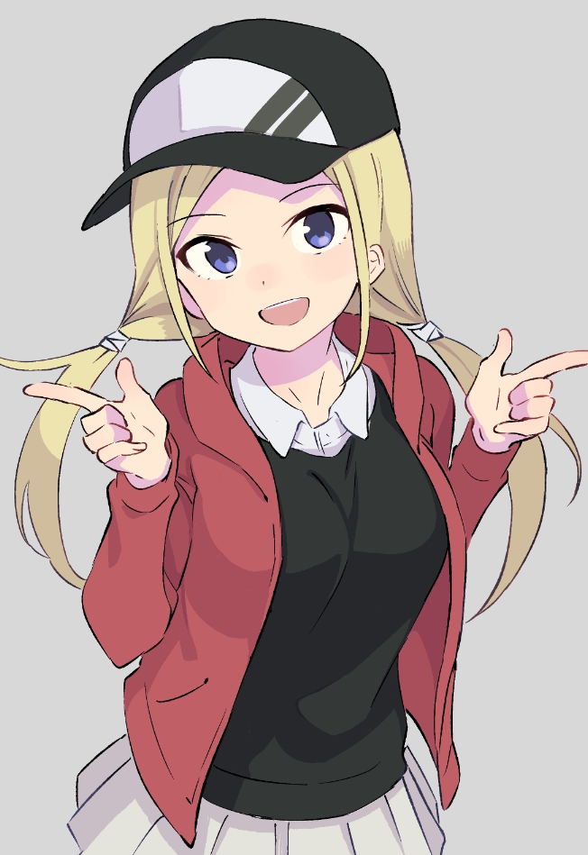 1girl :d aki_poi bangs baseball_cap black_hat blonde_hair blush collared_shirt commentary_request eyebrows_visible_through_hair grey_background hands_up hat head_tilt jacket long_hair low_twintails open_clothes open_jacket open_mouth original parted_bangs pleated_skirt red_jacket round_teeth shirt simple_background skirt smile solo sweater_vest teeth twintails upper_teeth very_long_hair violet_eyes white_shirt white_skirt