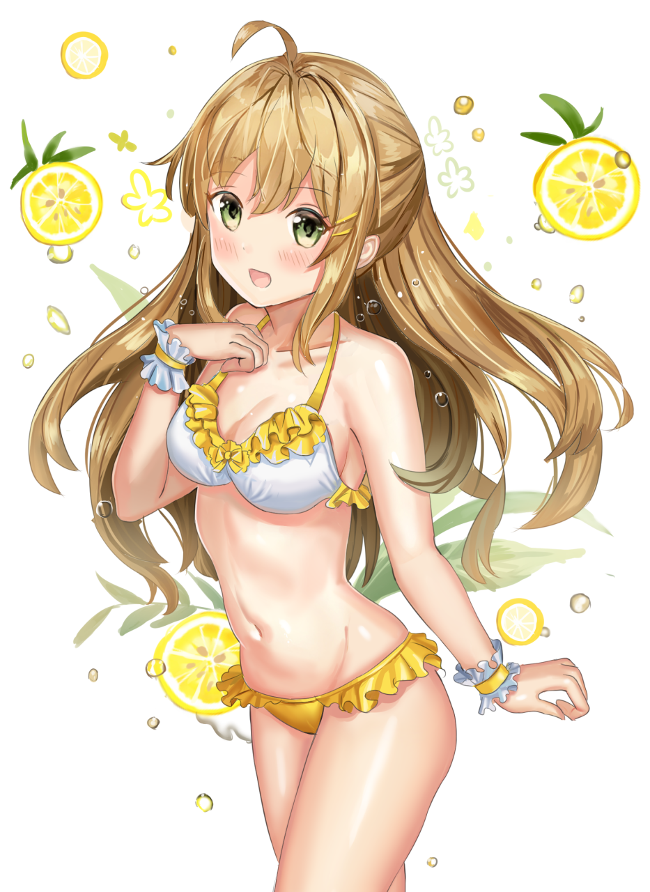 1girl :d ahoge ame_sagari bangs bare_arms bare_shoulders bikini blush breasts brown_hair bubble cleavage collarbone commentary cowboy_shot eyebrows_visible_through_hair food frilled_bikini frilled_cuffs frills fruit green_eyes groin hair_ornament hairclip half_updo hand_up highres leaf lemon lemon_slice long_hair looking_at_viewer medium_breasts navel open_mouth original sidelocks smile solo standing stomach swimsuit white_background wrist_cuffs yellow_bikini