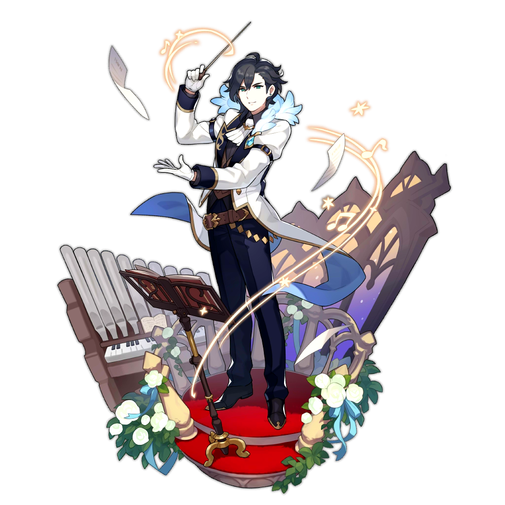 1boy artist_request baton_(instrument) beamed_eighth_notes belt book conductor dragalia_lost eighth_note flower full_body instrument leaf music musical_note non-web_source official_art paper pipe_organ quarter_note standing transparent_background vixel window
