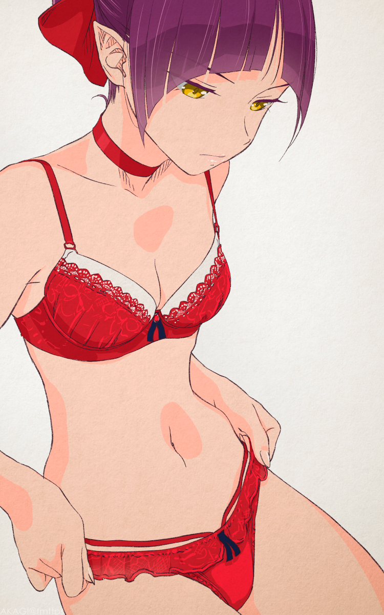 1girl adjusting_clothes adjusting_panties akagi_(fmttps) artist_name bangs bow bra breasts choker cleavage closed_mouth collarbone eyebrows_visible_through_hair fingernails gegege_no_kitarou hair_bow highres lingerie looking_down navel nekomusume nekomusume_(gegege_no_kitarou_6) panties pointy_ears purple_hair red_bow red_bra red_choker red_panties ribbon_bra ribbon_panties short_hair simple_background small_breasts solo underwear underwear_only yellow_eyes