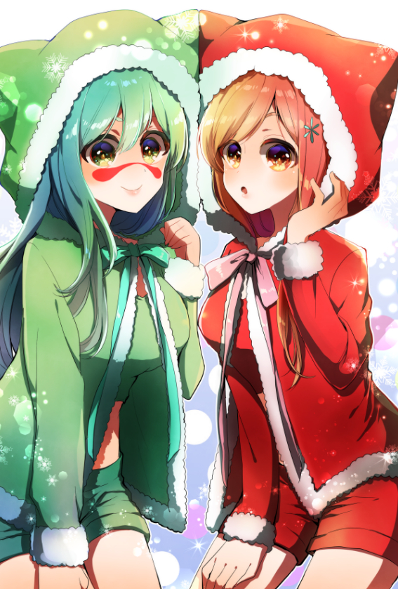 2girls :o animal_ears animal_hood bangs bleach brown_eyes brown_hair cape coat crop_top facial_mark fake_animal_ears fur-trimmed_cape fur_trim green_cape green_eyes green_hair hair_ornament hand_on_lap hood hooded inoue_orihime leaning_forward lens_flare long_hair midriff multiple_girls nelliel_tu_odelschwanck open_clothes open_coat parted_bangs pink_ribbon red_cape red_ribbon ribbon short_shorts shorts smile snowflakes standing umi_(pixiv6861961) very_long_hair