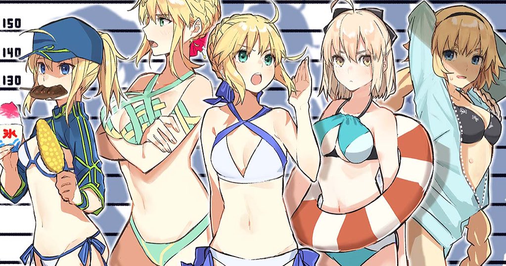 5girls ahoge armlet artoria_pendragon_(all) artoria_pendragon_(lancer) artoria_pendragon_(swimsuit_archer) bikini blonde_hair bow braid breasts cleavage corn crossed_arms fate/grand_order fate_(series) flower food food_in_mouth hair_bow hair_flower hair_ornament height_chart innertube jeanne_d'arc_(fate)_(all) jeanne_d'arc_(swimsuit_archer) looking_at_viewer medium_breasts multiple_girls mysterious_heroine_xx_(foreigner) navel okita_souji_(fate) okita_souji_(fate)_(all) open_mouth shaved_ice shrug_(clothing) side-tie_bikini stomach swimsuit teshima_nari upper_body