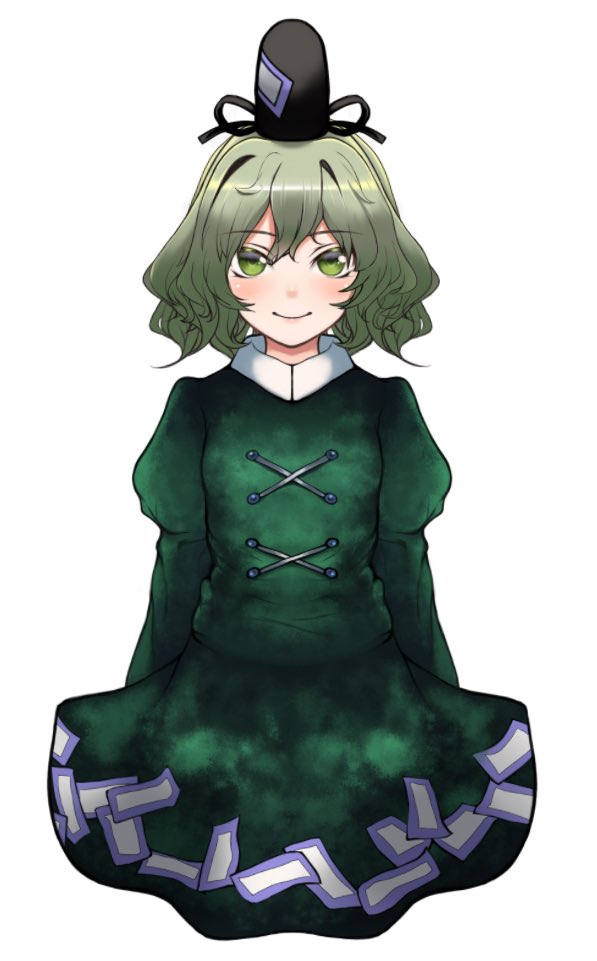 1girl bangs black_hat blush closed_mouth commentary_request copyright_request cropped_legs curly_hair dress green_dress green_eyes green_hair hat long_sleeves looking_at_viewer medium_hair puffy_long_sleeves puffy_sleeves shiny shiny_hair simple_background smile solo white_background yata_(toribako)