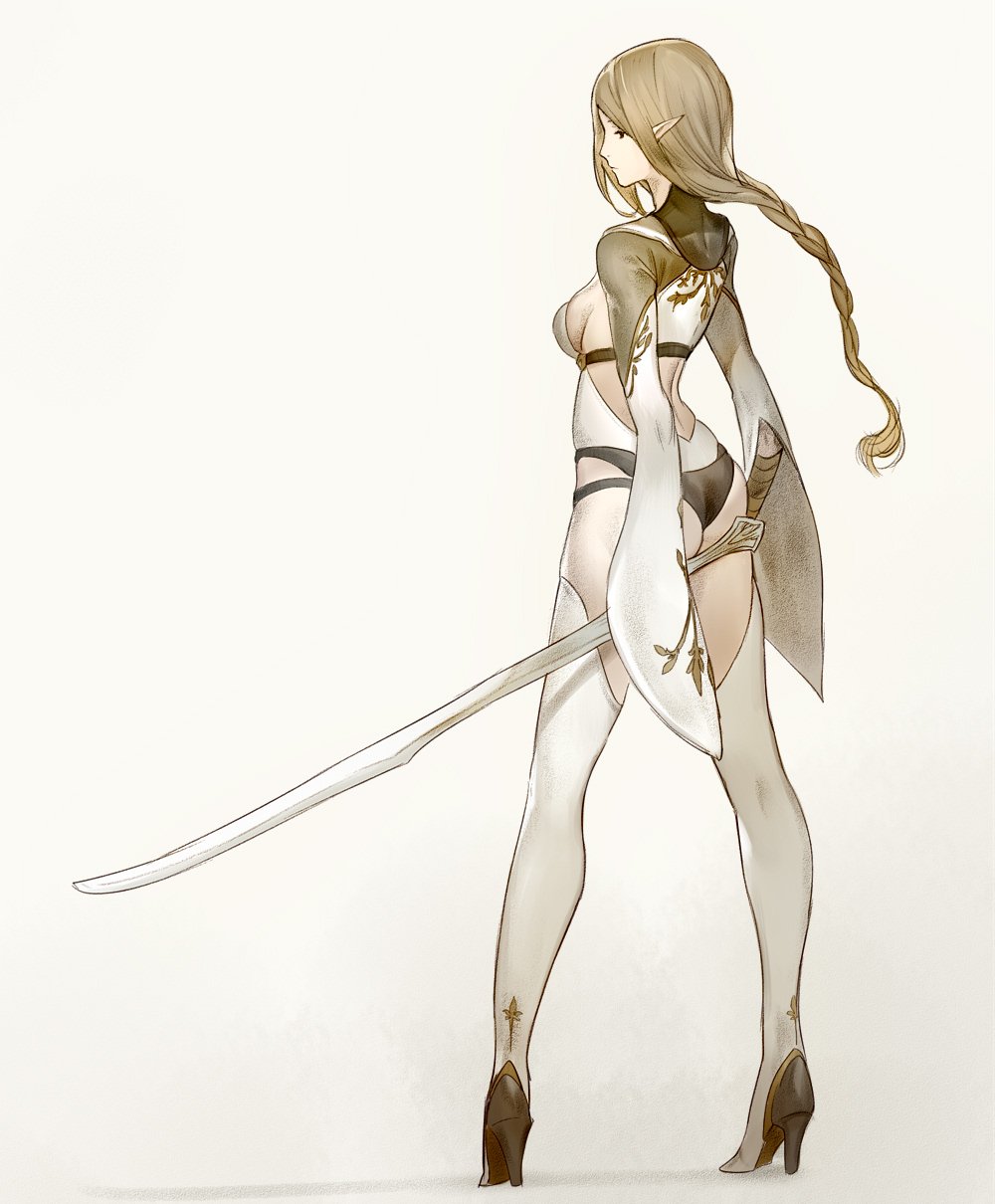 1girl ass black_eyes black_panties blonde_hair boots braid breasts closed_mouth commentary elf from_behind full_body grey_background high_heel_boots high_heels highres holding holding_sword holding_weapon keemu_(occhoko-cho) long_hair long_sleeves medium_breasts original panties pointy_ears sideboob simple_background sleeves_past_fingers sleeves_past_wrists solo standing sword thigh-highs thigh_boots underwear weapon white_footwear