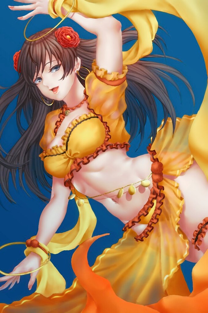 1girl arm_up bangle bangs blue_background bracelet breasts brown_hair choker cleavage crop_top dancer dancing dress earrings eyebrows_visible_through_hair fate/grand_order fate_(series) flower frills grey_eyes hair_flower hair_ornament hoop_earrings jewelry long_hair looking_at_viewer mata_hari_(fate/grand_order) medium_breasts midriff nail_polish navel open_mouth orange_skirt puffy_short_sleeves puffy_sleeves red_flower red_nails sash shawl short_sleeves sidelocks simple_background skirt skirt_set solo wrist_cuffs yunoshi