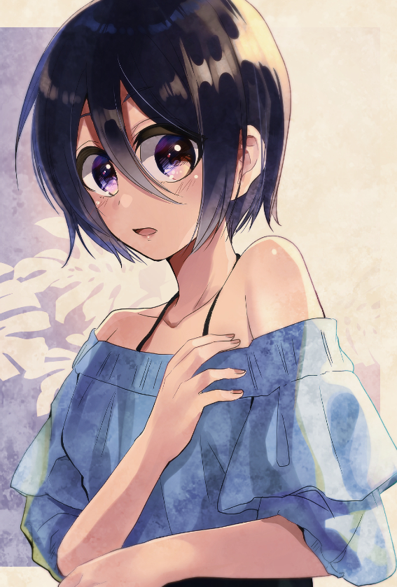 1girl black_hair bleach blue_shirt kuchiki_rukia looking_at_viewer off-shoulder_shirt older open_mouth shiny shiny_hair shiny_skin shirt short_hair solo umi_(pixiv6861961) upper_body violet_eyes