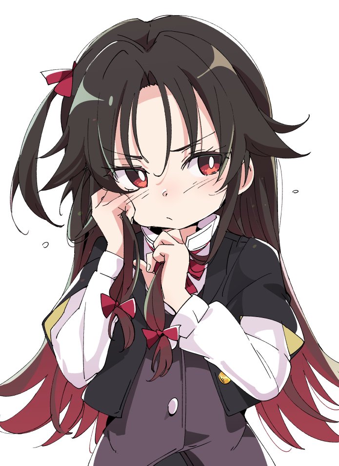 1girl black_hair blush bow closed_mouth gradient_hair hair_bow ixy long_hair long_sleeves looking_to_the_side multicolored_hair red_bow red_eyes redhead ryuuou_no_oshigoto! simple_background solo white_background yashajin_ai