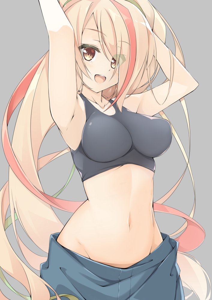 1girl armpits blonde_hair blush border breasts cowboy_shot eyebrows_visible_through_hair groin hair_over_one_eye long_hair medium_breasts midriff multicolored_hair navel orange_eyes outside_border redhead smile solo sports_bra sskur_a very_long_hair white_border zombie_land_saga