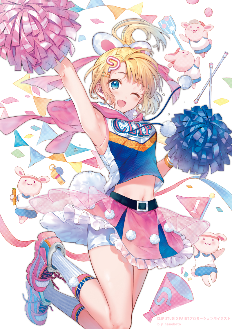 1girl ;d arm_up armpits artist_name bangs bare_arms belt belt_buckle bike_shorts blonde_hair blue_eyes blue_shirt blush breasts buckle cheerleader clothes_writing commentary_request crop_top crop_top_overhang drumsticks eyebrows_visible_through_hair flag floating_hair frilled_skirt frills hair_ornament hair_ribbon hairclip hanekoto holding_pom_poms hood hood_down kneehighs legs_up long_hair megaphone midriff miniskirt navel one_eye_closed open_mouth original pink_footwear pink_ribbon pink_skirt pom_pom_(clothes) pom_poms ponytail ribbon shirt shoes shorts shorts_under_skirt sidelocks skirt sleeveless sleeveless_shirt small_breasts smile sneakers solo stuffed_toy tareme whistle white_background white_legwear white_shorts