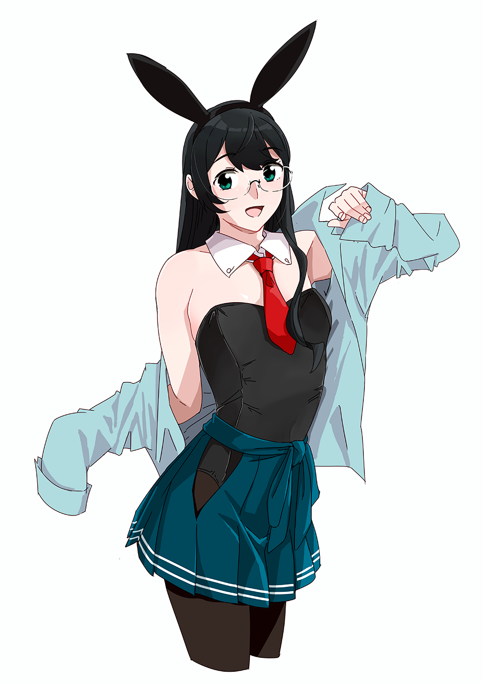 1girl animal_ears black_hair black_legwear black_leotard blue_shirt blue_skirt breasts bunny_tail bunnysuit cowboy_shot cropped_legs detached_collar dress_shirt glasses green_eyes highres hip_vent kantai_collection leotard leotard_under_clothes long_hair necktie ojipon ooyodo_(kantai_collection) pantyhose pleated_skirt rabbit_ears red_neckwear semi-rimless_eyewear shirt simple_background skirt small_breasts solo strapless strapless_leotard tail under-rim_eyewear undressing white_background