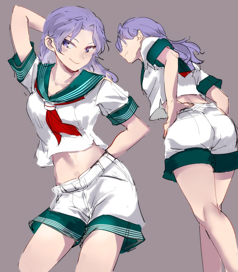 1girl arm_up bare_legs chamaruku closed_mouth commentary_request copyright_request cosplay crop_top crop_top_overhang forehead green_sailor_collar grey_background high-waist_shorts kneepits kumoi_ichirin lavender_eyes lavender_hair long_hair looking_at_viewer multiple_views murasa_minamitsu murasa_minamitsu_(cosplay) navel neckerchief no_eyes red_neckwear sailor_collar shirt short_sleeves shorts side_slit sideways_mouth simple_background sketch smile stomach touhou triple_horizontal_stripe tsurime white_shirt white_shorts widow's_peak