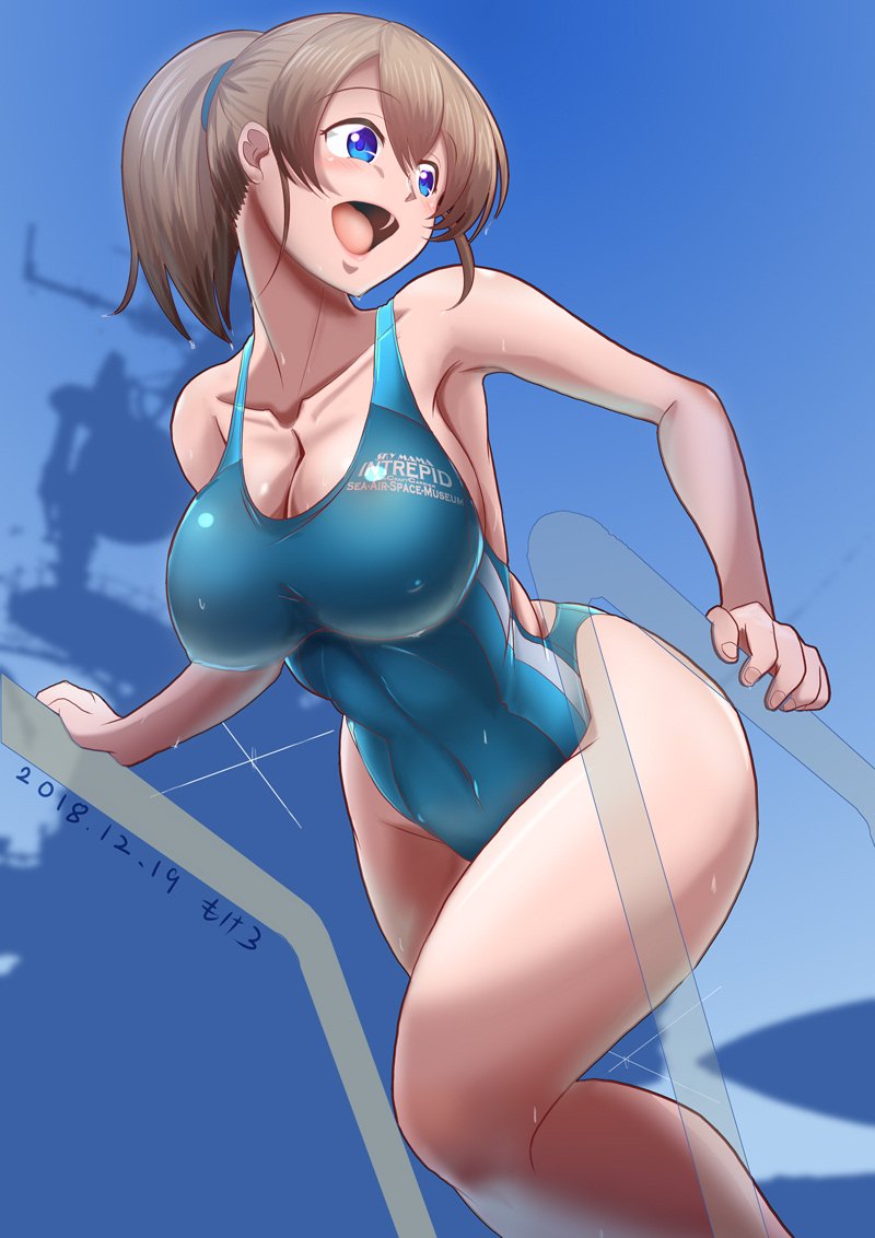 1girl artist_name blue_eyes blue_sky blue_swimsuit breasts brown_hair character_name cleavage commentary_request competition_swimsuit covered_navel curvy dated feet_out_of_frame female gradient_sky happy intrepid_(kantai_collection) kantai_collection large_breasts looking_to_the_side mokerou one-piece_swimsuit open_mouth ponytail pool_ladder shiny shiny_skin short_hair silhouette sky solo swimsuit wet wet_clothes wet_swimsuit