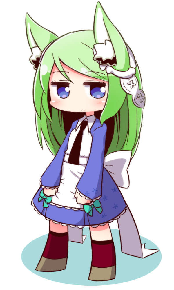 1girl 7th_dragon 7th_dragon_(series) animal_ear_fluff animal_ears apron aqua_bow arietta_(7th_dragon) back_bow bangs black_neckwear blue_dress blue_eyes blush bow brown_footwear chibi closed_mouth commentary_request dress eyebrows_visible_through_hair full_body green_hair long_hair long_sleeves looking_at_viewer naga_u red_legwear shadow sleeves_past_wrists solo standing swept_bangs thigh-highs very_long_hair white_apron white_background white_bow