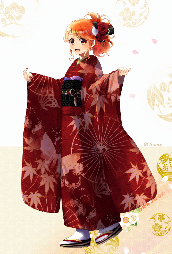 1girl :d bangs bleach brown_eyes flower full_body hair_flower hair_ornament inoue_orihime japanese_clothes kimono leaf_print long_sleeves maple_leaf_print nail_polish obi open_mouth orange_hair ponytail print_kimono red_flower red_kimono red_nails red_rose rose sash shiny shiny_hair smile solo standing swept_bangs tied_hair umi_(pixiv6861961) white_legwear wide_sleeves yukata