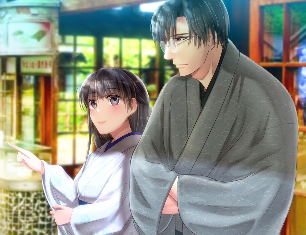 1boy 1girl black_eyes black_hair crossed_arms day glasses height_difference hetero izumi_(stardustalone) japanese_clothes kimono long_hair looking_at_another original outdoors pointing renri_no_chigiri_wo_kimi_to_shiru smile summer upper_body white_kimono