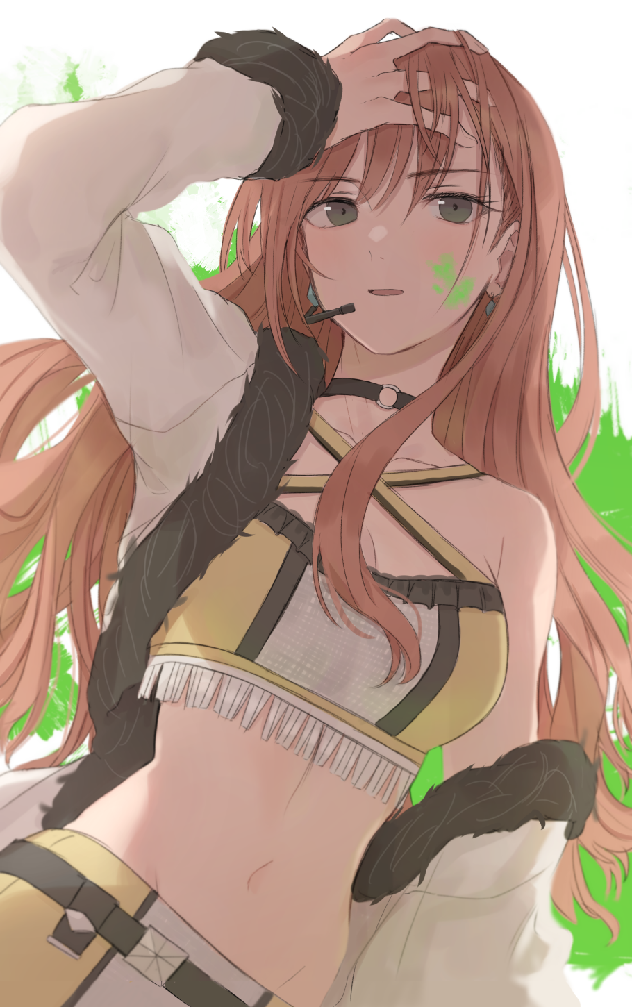 1girl arisugawa_natsuha arm_up bangs bare_shoulders belt black_choker breasts brown_hair choker cleavage collarbone criss-cross_halter crop_top dutch_angle earrings eyebrows_visible_through_hair facepaint fur-trimmed_jacket fur_trim grey_eyes groin halterneck hand_on_own_head highres idolmaster idolmaster_shiny_colors jacket jewelry long_hair long_sleeves looking_at_viewer medium_breasts microphone midriff mxwbr navel off_shoulder open_clothes open_jacket paint_splatter parted_lips shirt sleeveless sleeveless_shirt solo upper_body white_background white_jacket yellow_shirt