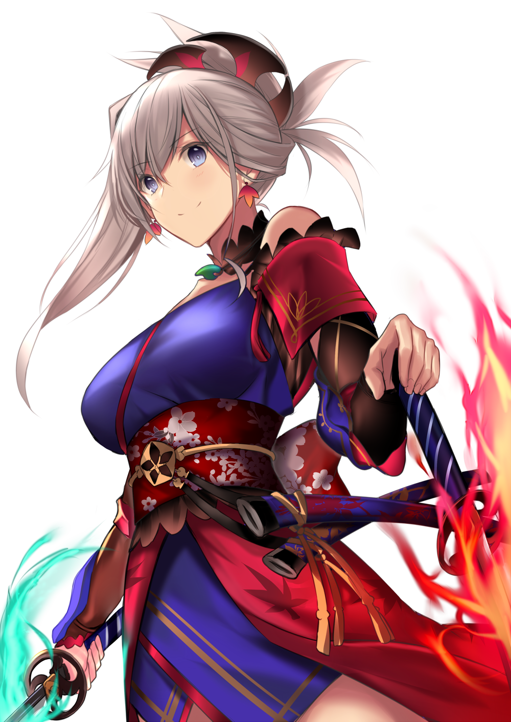 1girl asymmetrical_hair bangs bare_shoulders blue_eyes blue_kimono breasts closed_mouth dual_wielding earrings fate/grand_order fate_(series) hair_ornament highres holding japanese_clothes jewelry karlwolf katana kimono large_breasts long_hair looking_at_viewer magatama miyamoto_musashi_(fate/grand_order) obi pink_hair ponytail sash short_kimono simple_background smile solo sword weapon white_background