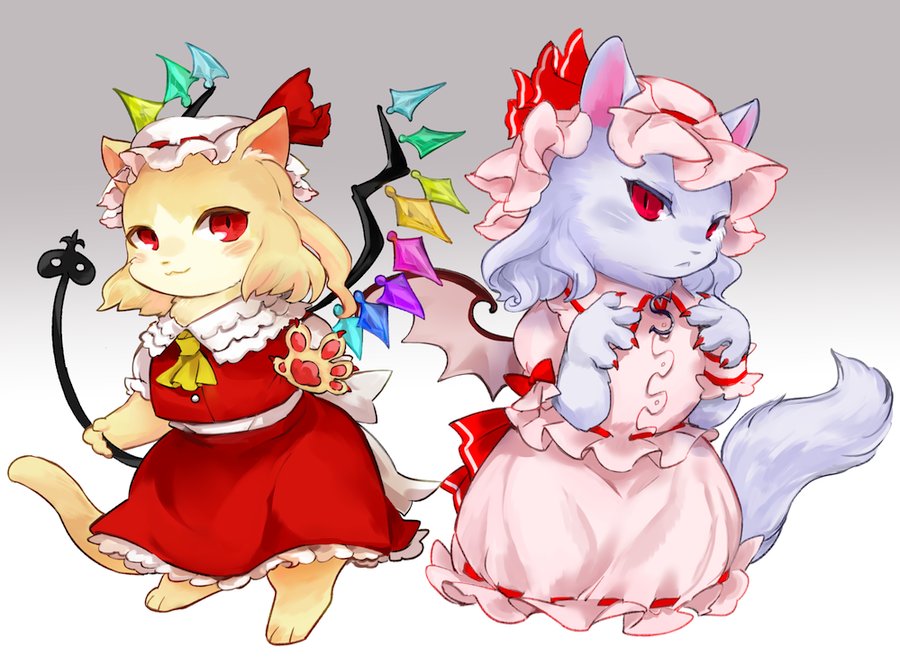 2girls :&lt; :3 animal animalization bow cat chamaruku closed_mouth clothed_animal commentary_request fingernails flandre_scarlet frilled_sleeves frills half-closed_eyes hat lavender_fur lavender_hair looking_at_viewer mob_cap multiple_girls nail_polish no_eyebrows paws pink_hat pink_wings red_bow red_eyes red_nails remilia_scarlet sharp_fingernails short_sleeves slit_pupils touhou wings yellow_neckwear