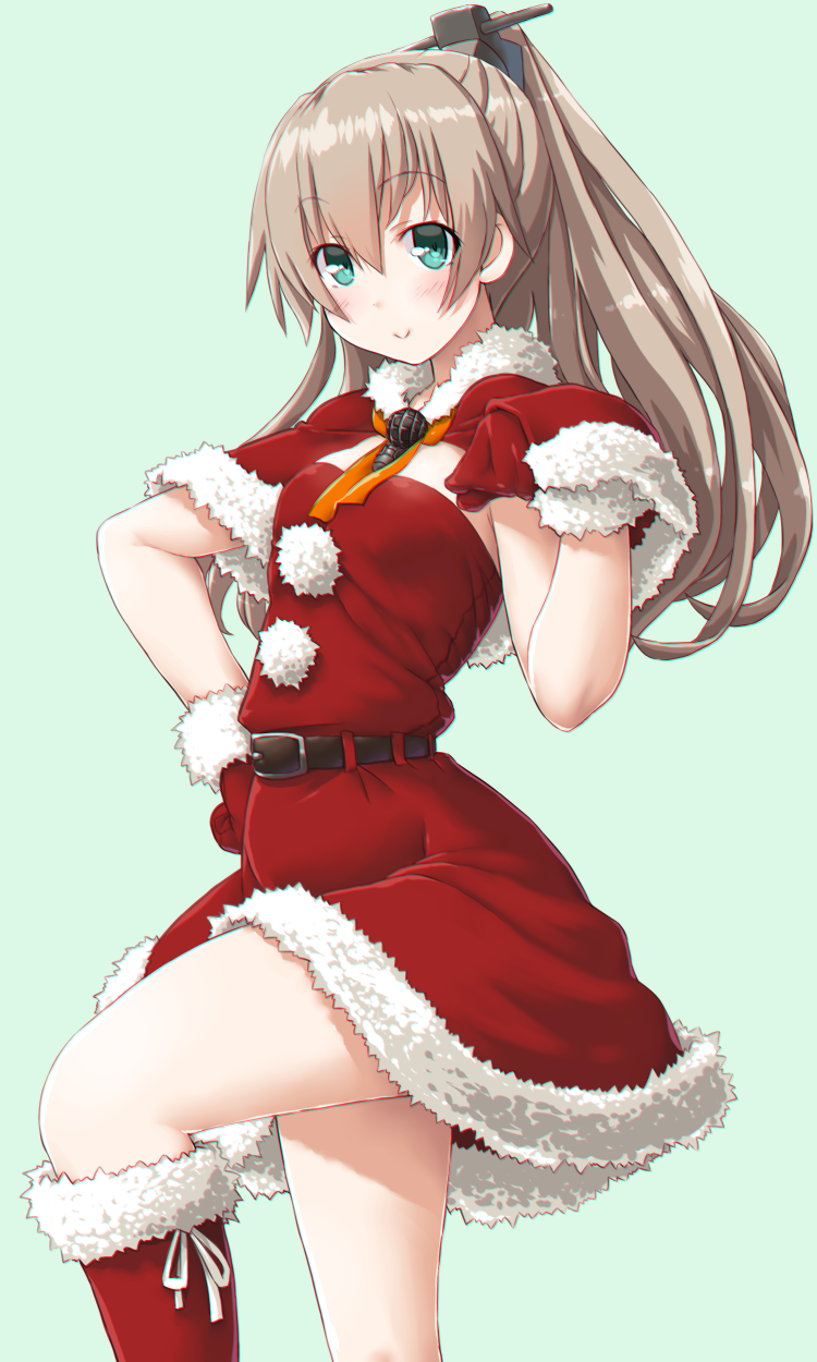 1girl alternate_costume ascot blue_eyes boots brown_hair capelet christmas dd_(ijigendd) dress fur_trim gloves hair_ornament highres kantai_collection kumano_(kantai_collection) long_hair looking_at_viewer ponytail red_dress red_gloves santa_boots santa_costume smile