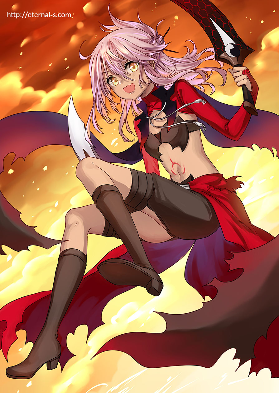 1girl :d bangs boots bridal_gauntlets brown_eyes brown_footwear brown_shorts chloe_von_einzbern clouds cloudy_sky commentary_request dark_skin dual_wielding eyebrows_visible_through_hair fang fate/kaleid_liner_prisma_illya fate_(series) hair_between_eyes hands_up high_heel_boots high_heels highres holding holding_sword holding_weapon kanshou_&amp;_bakuya knee_boots long_hair looking_at_viewer navel open_mouth outdoors pink_hair shoe_soles shorts sky smile solo stomach_growling sword ten-chan_(eternal_s) v-shaped_eyebrows watermark weapon web_address
