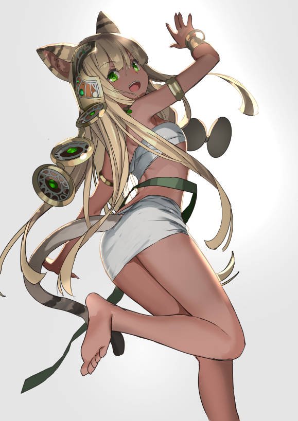 1girl adachi_yousuke animal_ears blonde_hair breasts cat_ears character_request copyright_request dark_skin green_eyes long_hair looking_at_viewer open_mouth solo tail white_background