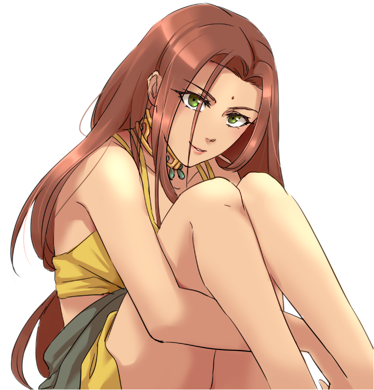 1girl arc_the_lad arc_the_lad_ii bare_shoulders brown_hair commentary_request dark_skin dress green_eyes long_hair looking_at_viewer sania_(arc_the_lad) simple_background sitting smile solo tank_top