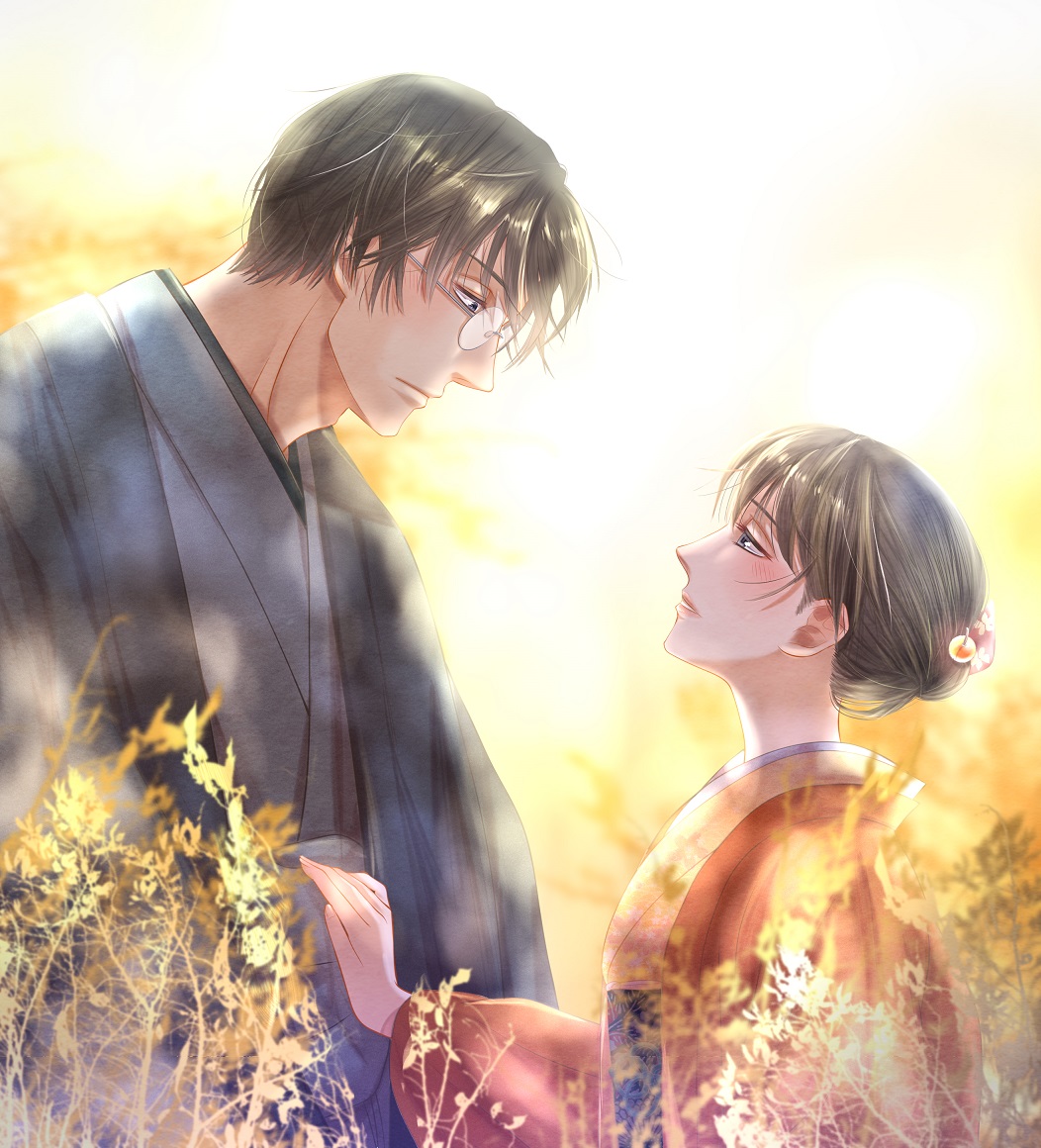 1boy 1girl black_hair blush brown_hair eye_contact glasses hair_ornament hair_up hand_on_another's_stomach hetero izumi_(stardustalone) japanese_clothes kimono looking_at_another original outdoors parted_lips profile renri_no_chigiri_wo_kimi_to_shiru short_hair wide_sleeves yellow_sky