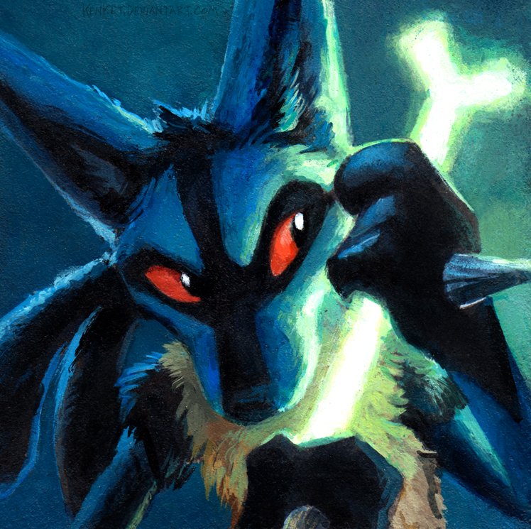 blue_fur bone canine gen_4_pokemon glowing kenket lucario no_humans pokemon red_sclera spikes