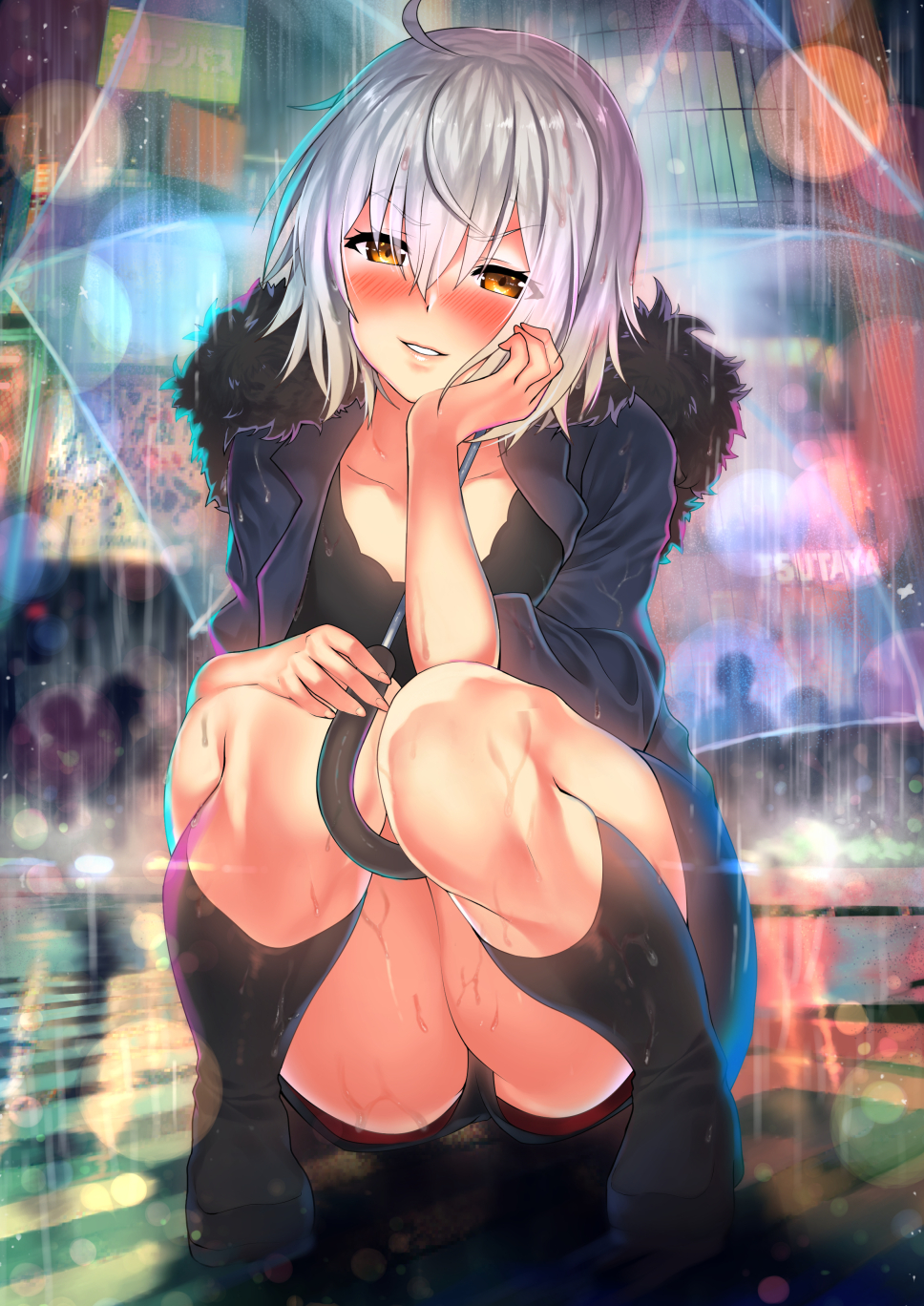 1girl bangs black_dress blush boots breasts coat dress fate/grand_order fate_(series) fur-trimmed_coat fur_trim hair_between_eyes highres jeanne_d'arc_(alter)_(fate) jeanne_d'arc_(fate)_(all) kawai large_breasts looking_at_viewer short_dress short_hair silver_hair smile solo squatting thigh-highs thigh_boots thighs wicked_dragon_witch_ver._shinjuku_1999 yellow_eyes