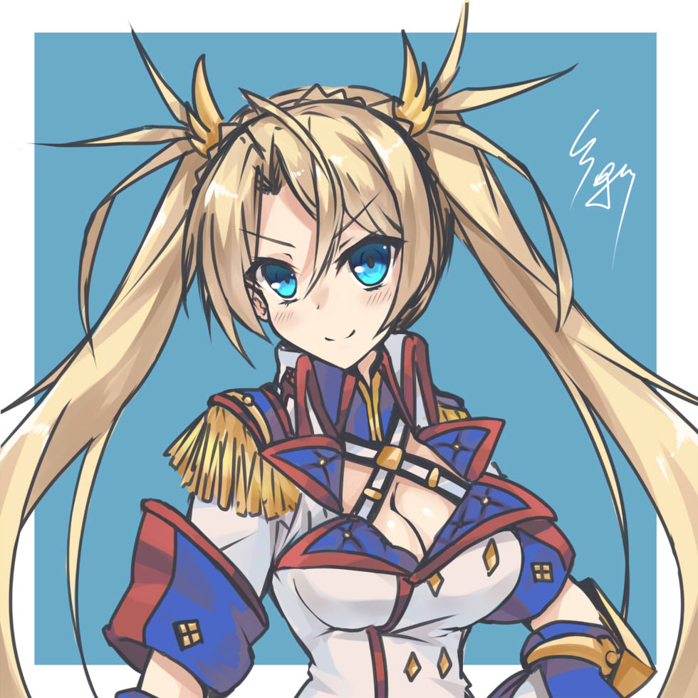 1girl bangs blonde_hair blue_background blue_eyes bradamante_(fate/grand_order) breasts cleavage closed_mouth fate/grand_order fate_(series) fringe_trim jacket kurokage long_hair looking_at_viewer medium_breasts parted_bangs popped_collar signature simple_background sketch smile solo twintails upper_body