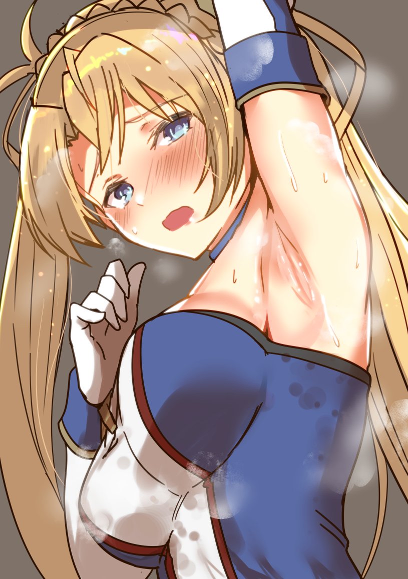 1girl arito_arayuru arm_up armpits blonde_hair blue_eyes blush bradamante_(fate/grand_order) braid breasts elbow_gloves fate_(series) gloves grey_background long_hair medium_breasts open_mouth simple_background solo steam sweat twintails