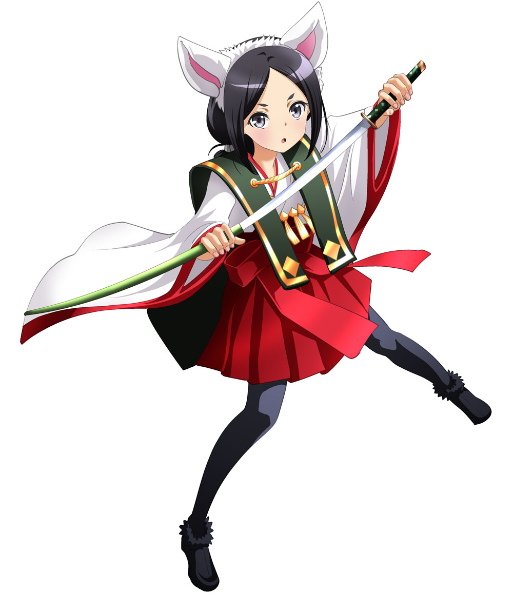 1girl :o animal_ears bangs black_footwear black_hair black_legwear fake_animal_ears fox_ears grey_eyes hairband hakama hakama_skirt holding holding_sheath holding_sword holding_weapon japanese_clothes katana kimono long_hair long_sleeves looking_at_viewer pantyhose parted_bangs princess_principal red_hakama sheath shiny shiny_hair simple_background solo sword taniguchi_gou unsheathing weapon white_background white_hairband white_kimono wide_sleeves