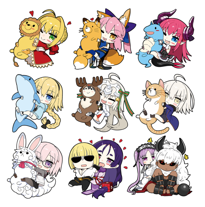 1boy 6+girls ahoge animal_costume animal_ears asterios_(fate/grand_order) black_pupils blonde_hair blue_eyes blush braid bug butterfly chibi closed_eyes closed_mouth commentary_request dark_skin dragon_tail elizabeth_bathory_(fate) elizabeth_bathory_(fate)_(all) euryale eyebrows_visible_through_hair fate/extra fate/extra_ccc fate/grand_order fate_(series) fou_(fate/grand_order) fox_ears fox_tail french_braid fujimaru_ritsuka_(male) glasses green_eyes hair_ornament hair_ribbon hairband heart heart-shaped_pupils horns insect jeanne_d'arc_(alter)_(fate) jeanne_d'arc_(fate)_(all) jeanne_d'arc_(swimsuit_archer) jeanne_d'arc_alter_santa_lily kou_mashiro long_hair looking_at_viewer mash_kyrielight minamoto_no_raikou_(fate/grand_order) multiple_girls nero_claudius_(fate) nero_claudius_(fate)_(all) object_hug one_eye_closed open_mouth pink_hair pointy_ears purple_hair red_eyes reindeer_costume ribbon sakata_kintoki_(fate/grand_order) short_hair simple_background single_braid smile stuffed_animal stuffed_cat stuffed_dolphin stuffed_dragon stuffed_fox stuffed_reindeer stuffed_toy symbol-shaped_pupils tail tamamo_(fate)_(all) tamamo_no_mae_(fate) twintails violet_eyes white_background white_hair yellow_butterfly yellow_eyes