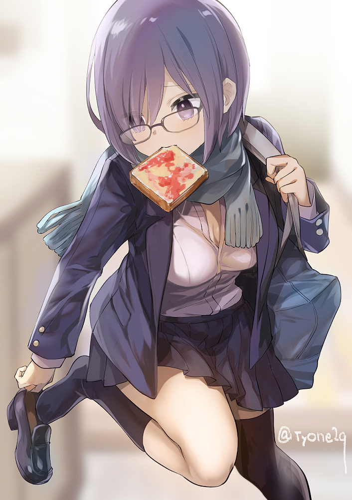 1girl alternate_costume asymmetrical_legwear bag bangs black_footwear black_legwear black_skirt blazer blue_jacket blurry blurry_background breasts cleavage closed_mouth commentary_request depth_of_field eyes_visible_through_hair fate/grand_order fate_(series) food food_in_mouth fringe_trim glasses green_scarf hair_over_one_eye hand_up head_tilt jacket kneehighs loafers long_sleeves mash_kyrielight medium_breasts mouth_hold open_blazer open_clothes open_jacket pleated_skirt purple_hair scarf school_bag shirt shoes short_hair single_kneehigh single_thighhigh skirt solo standing standing_on_one_leg thigh-highs toast toast_in_mouth twitter_username tyone violet_eyes white_shirt