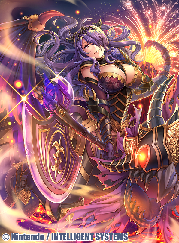 1girl armor axe breasts camilla_(fire_emblem_if) cleavage company_name elbow_gloves fire fire_emblem fire_emblem_cipher fire_emblem_if fumi_(butakotai) glint gloves hair_over_one_eye holding holding_axe large_breasts long_hair looking_at_viewer nintendo official_art open_mouth purple_gloves purple_hair red_eyes smile solo tiara very_long_hair violet_eyes watermark wavy_hair wings