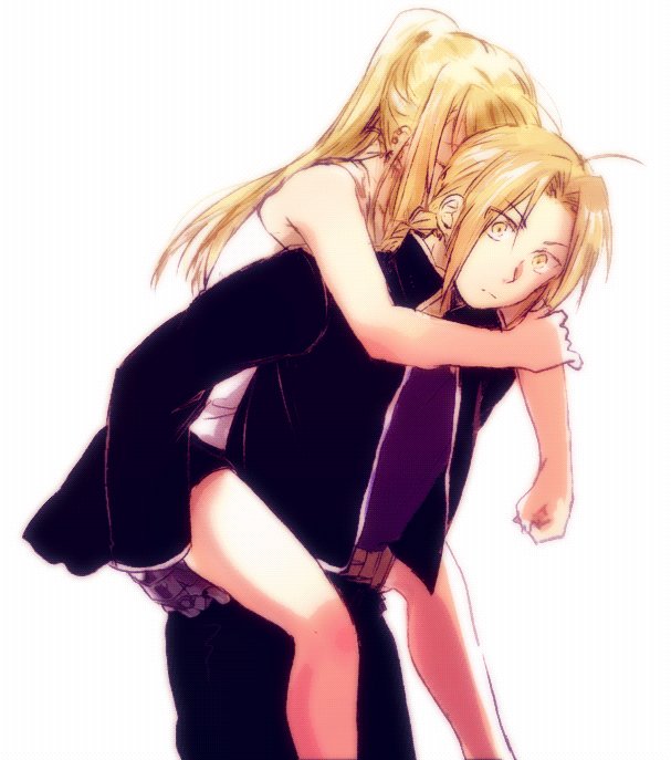 1boy 1girl antenna_hair arms_around_neck automail bare_arms bare_legs belt black_jacket black_shirt blonde_hair carrying closed_eyes edward_elric expressionless eyebrows_visible_through_hair fullmetal_alchemist head_tilt jacket long_hair looking_away pants piggyback ponytail shirt simple_background skirt sleeveless sleeveless_shirt standing thigh_grab tsukuda0310 upper_body white_background white_shirt wide-eyed winry_rockbell yellow_eyes