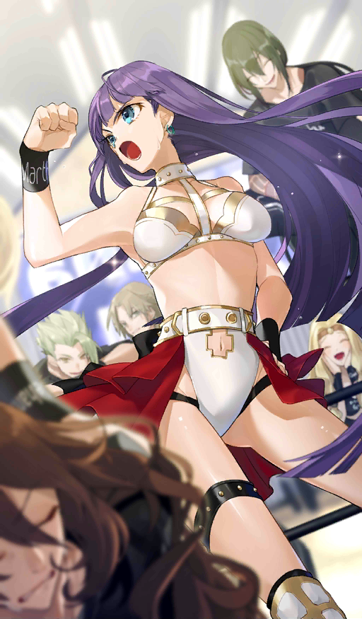 2girls 4boys :o achilles_(fate) bare_arms belt black_wristband blonde_hair blue_eyes breasts chiron_(fate) clenched_hand cowboy_shot craft_essence earrings fate/grand_order fate_(series) green_hair hand_on_hip hino_hinako holy_maiden's_teaching hoop_earrings jewelry large_breasts long_hair looking_away midriff multiple_boys multiple_girls navel navel_cutout official_art purple_hair quetzalcoatl_(fate/grand_order) raised_fist saint_george_(fate/grand_order) saint_martha shouting star sweat thigh_strap wristband yan_qing_(fate/grand_order)