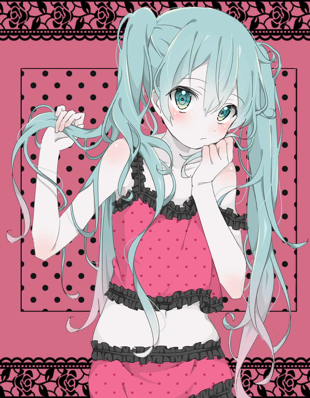 1girl :/ aqua_hair azuki_(ckxs7444) bare_shoulders black_frills blush camisole collarbone flat_chest frill_trim hair_grab hatsune_miku highres lace_background long_hair looking_at_viewer messy_hair midriff navel pink_background pink_camisole playing_with_own_hair polka_dot polka_dot_background polka_dot_camisole romeo_to_cinderella_(vocaloid) solo sparkling_eyes twintails vocaloid