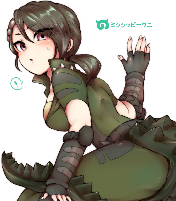 ! 1girl alligator_tail american_alligator_(kemono_friends) arm_at_side ass back black_hair blush character_name collared_jacket dodo_taro elbow_pads eyes_visible_through_hair fingerless_gloves fingernails from_side gloves green_jacket green_pants hand_up high_collar jacket kemono_friends looking_at_viewer medium_hair pants parted_lips ponytail short_sleeves simple_background solo spiked_tail spikes spoken_exclamation_mark striped tail translated tsurime upper_body vambraces violet_eyes white_background