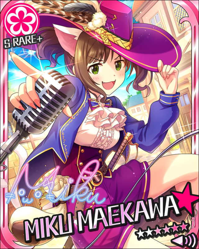 blush brown_hair character_name green_eyes hat idolmaster idolmaster_cinderella_girls jacket maekawa_miku microphone neko_mimi short_hair smile stars