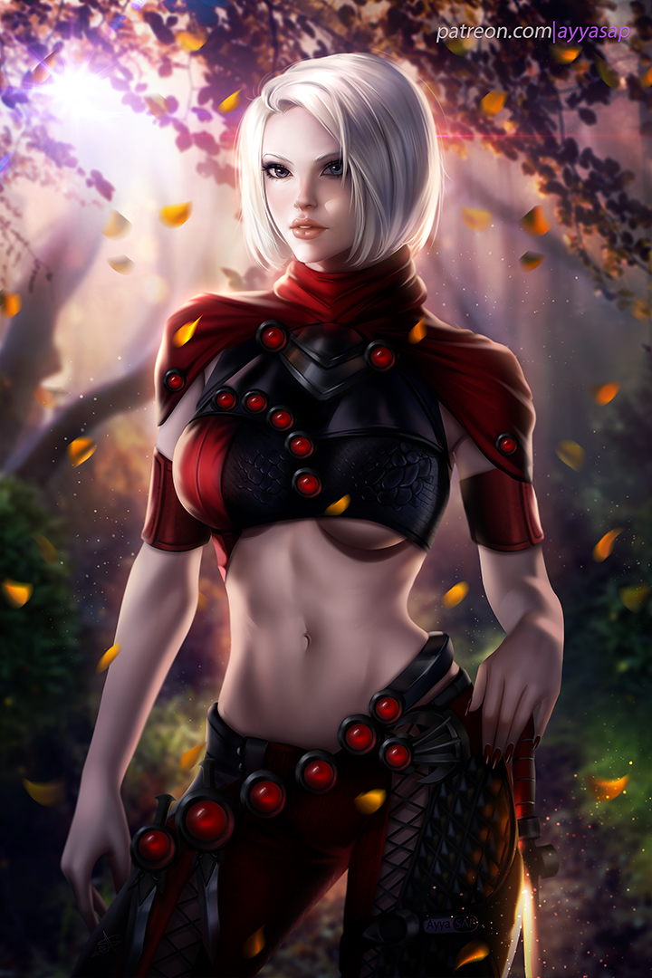 assassin ayya_saparniyazova belly commission fantasy mmo original pinup sword warrior weapon white_hair