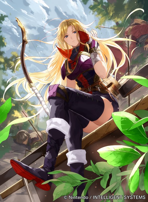 1girl 2boys armor arrow bandage bangs belt blonde_hair boots bow_(weapon) breastplate closed_mouth clouds cloudy_sky company_connection copyright_name day faceless faceless_male fire_emblem fire_emblem:_mystery_of_the_emblem fire_emblem_cipher hand_up knee_boots knee_pads kuraine leaf long_hair looking_at_viewer mayo_(becky2006) miniskirt multiple_boys nintendo official_art outdoors quiver short_sleeves shoulder_armor shoulder_pads skirt sky thigh-highs weapon zettai_ryouiki