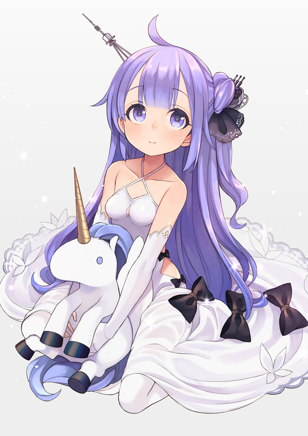 1girl azur_lane bangs bare_shoulders black_bow black_ribbon bow breasts closed_mouth collarbone commentary_request criss-cross_halter detached_sleeves dress eyebrows_visible_through_hair hair_bun hair_ribbon halterneck highres long_hair long_sleeves one_side_up purple_hair ribbon side_bun sitting sleeves_past_wrists small_breasts solo stuffed_alicorn stuffed_animal stuffed_toy thigh-highs unicorn_(azur_lane) very_long_hair violet_eyes wariza white_dress white_legwear wide_sleeves yuko_(uc_yuk)