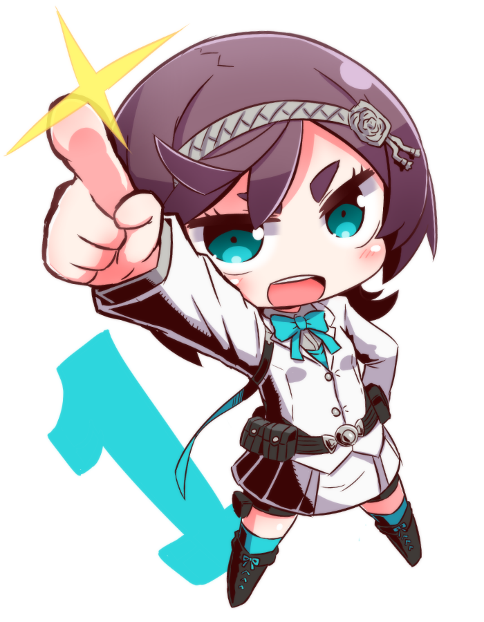 1girl 7th_dragon_(series) 7th_dragon_iii :d aqua_eyes arm_up bangs black_footwear blue_bow blue_legwear blue_vest blush boots bow brown_hair chibi collared_shirt commentary_request full_body grey_hairband grey_shirt hairband jacket knee_boots long_sleeves looking_at_viewer naga_u open_mouth pointing pointing_up round_teeth samurai_(7th_dragon_iii) shirt short_eyebrows simple_background skirt smile solo standing teeth thick_eyebrows thigh-highs thighhighs_under_boots upper_teeth vest white_background white_jacket white_skirt