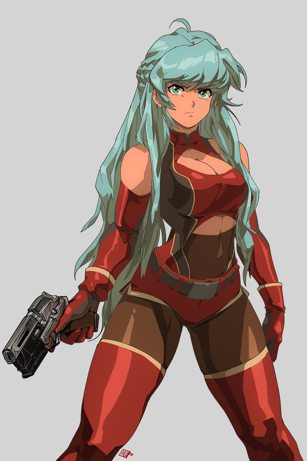 1girl 2018 90s ahoge aqua_eyes aqua_hair bangs bare_shoulders belt belt_buckle boots borrowed_character braid breasts brown_legwear buckle center_opening cleavage cleavage_cutout commentary commission cowboy_shot david_liu elbow_gloves english_commentary eyebrows_visible_through_hair french_braid gloves grey_background gun handgun highres holding holding_gun holding_weapon large_breasts long_hair midriff original pantyhose pistol red_footwear red_shorts serious short_shorts shorts solo standing tan thigh-highs thigh_boots toned trigger_discipline weapon