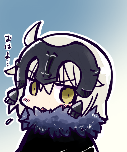 1girl ahoge bangs cape chibi commentary eyebrows_visible_through_hair fate/grand_order fate_(series) flat_color fur-trimmed_cape fur_collar fur_trim gradient gradient_background green_background hair_between_eyes headpiece jeanne_d'arc_(alter)_(fate) jeanne_d'arc_(fate)_(all) kasuga_yuuki portrait short_hair silver_hair wicked_dragon_witch_ver._shinjuku_1999 yellow_background yellow_eyes